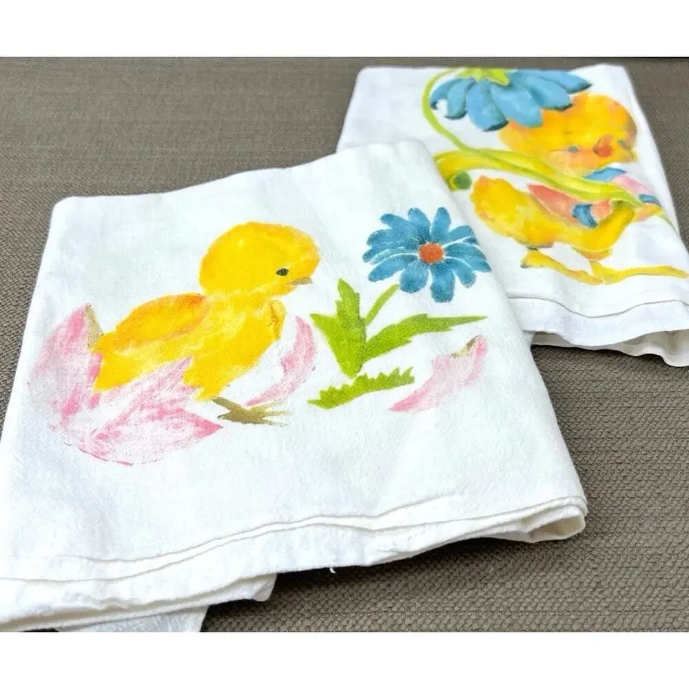 Lot Set of 2 Vintage Hand Painted Chicken Chicks Flour Sack Kitchen Towels